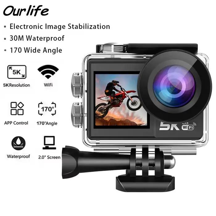 Caméra d'action Ourlife MTR41 5K 4K60FPS 5X Zoom 170 ° 30M étanche 2.0" IPS Touch LCD EIS WiFi cam