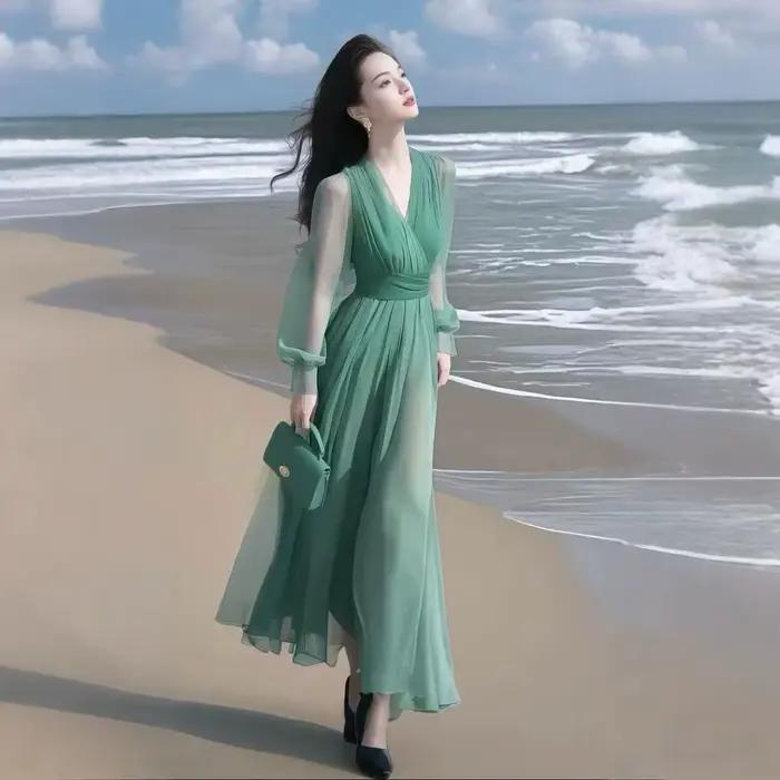 Nouvelle Robe Chic et Élégante en Mousseline de Soie Unie pour Femme – Collection Printemps-Été 2026