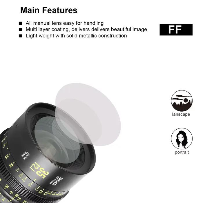 Objectif Cine Meike Prime 35/50/85/105/135 mm T2.1 pour systèmes de caméra de cinéma FF, comme Canon