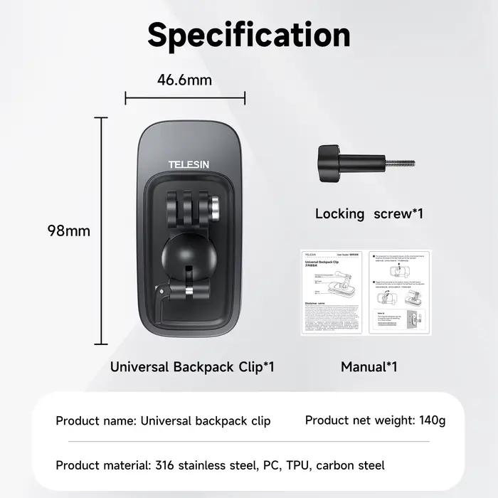 TELESIN 360 ° Support de pince à dos magnétique rotatif pour GoPro Hero 13 12 11 10 9 8 7 Insta360