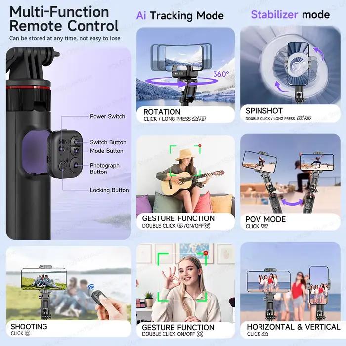 Stabilisateur de cardan portatif de suivi de visage d'IA C22 360 ° Trépied perche à Selfie pour té