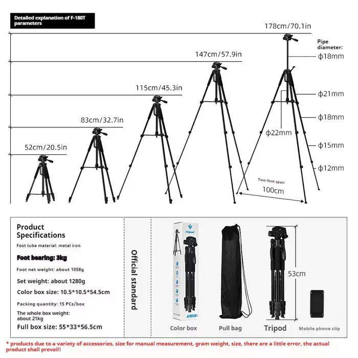 Trépied professionnel pour téléphone portable, 180cm, pour appareil photo, photographie avec lumière