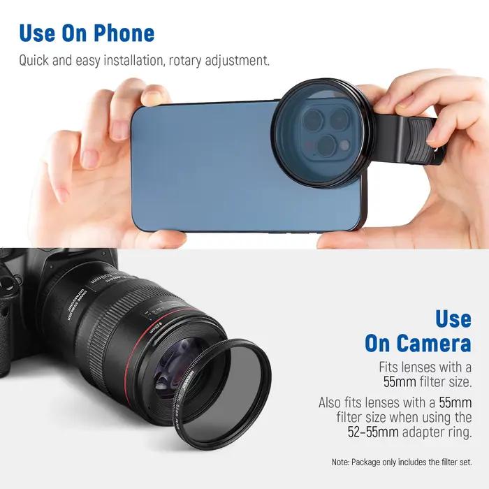 NEEWER – Kit de filtres ND32 ND pour téléphone et appareil photo, CPL, 4 filtres de couleur gradués,
