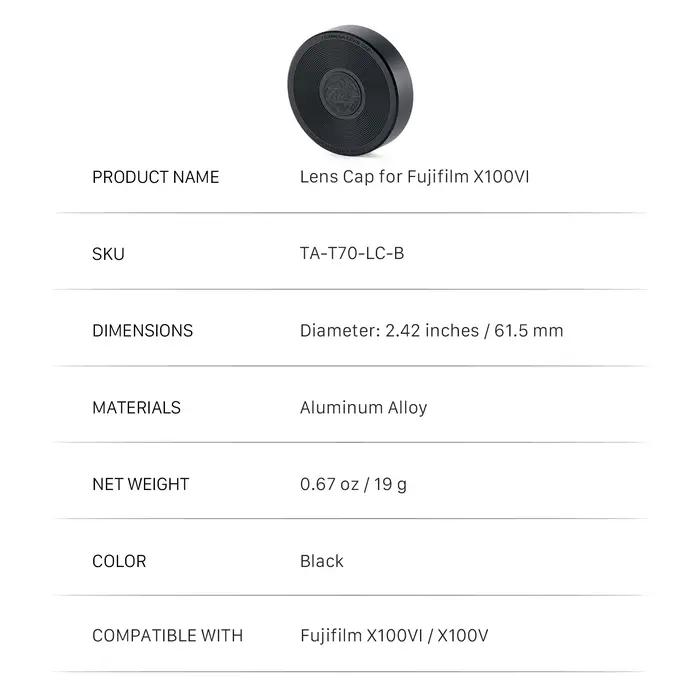 Capuchon d'objectif TILTA TA-T70-LC pour Fujifilm X100VI - Noir/Argent