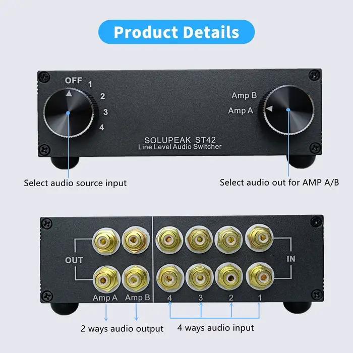 Sélecteur de commutateur Audio RCA 4 voies Premium, Source stéréo, boîtier de commutation d'entrée d