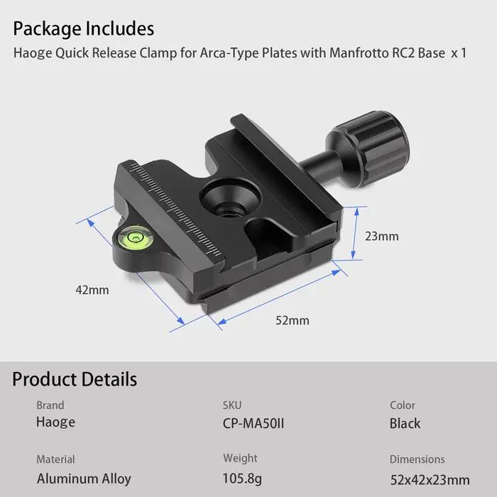 Haoge-Adaptateur de pince QR à dégagement rapide, compatible avec le système Manfrotto RC2 vers Arca