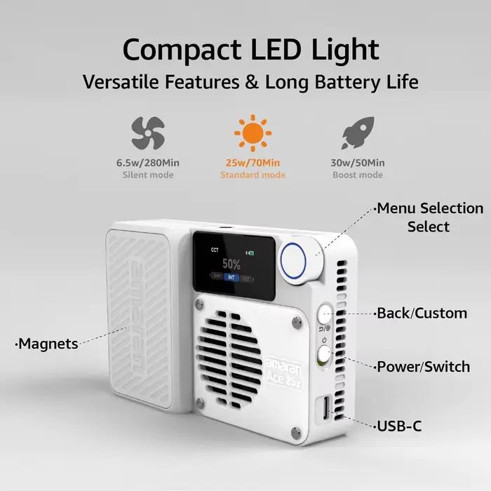 amaran Ace 25x Mini lampe vidéo LED de poche avec charge rapide PD pour TiKTiok, Zan25x, panneau lum
