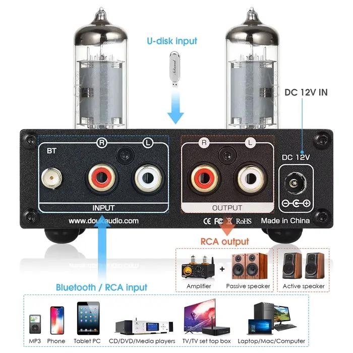 Douk Audio-Préampli à Tube à Valve HiFi Bluetooth 5.0, Récepteur Stéréo, Lecteur USB, Préamplificate