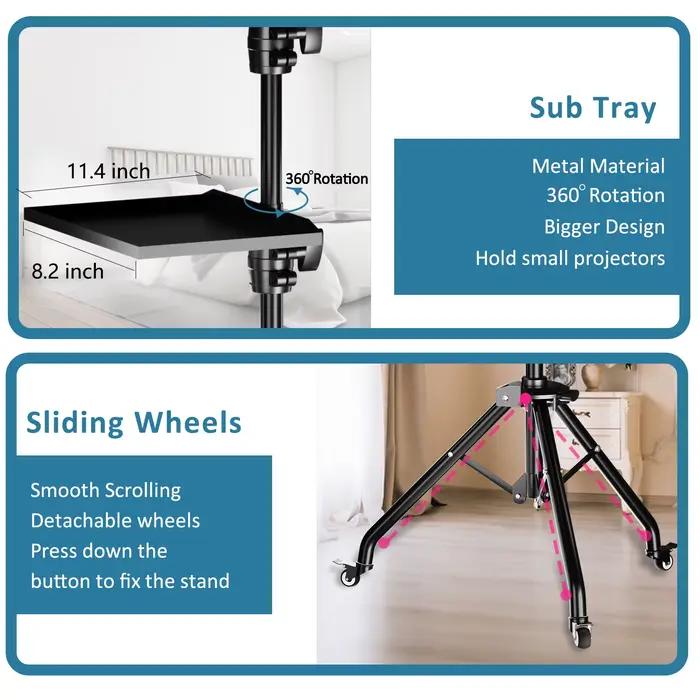 Trépied de projecteur 145 cm, support pour ordinateur portable, hauteur réglable de 23 à 63 pouces,
