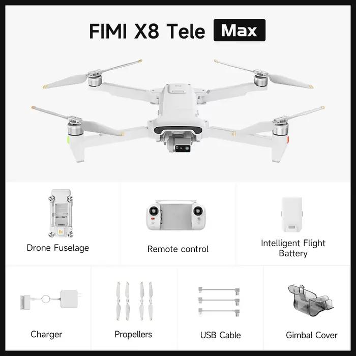 Drone FIMI X8 Tele Max, portée 20 km, caméra téléobjectif grand angle, zoom hybride 30x, 4K 60 ips,