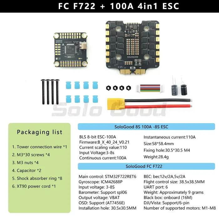 SoloGood F722 100A 8S Stack ICM42688P F722 Contrôleur de vol 100A ESC 4-en-1 30.5X30.5mm 3-8S pour D