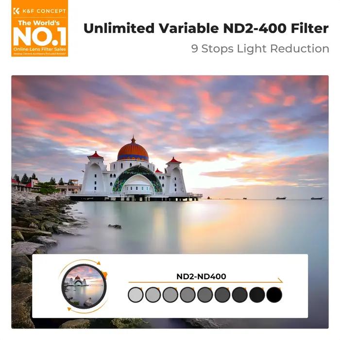 Filtre ND variable K&F CONCEPT ND2 à ND400 pour objectif, densité neutre réglable, 49mm 52mm 58mm 62