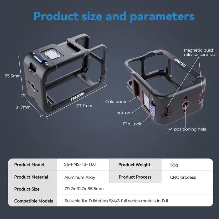TELESIN – cadre de protection pour DJI OSMO Action 3 4 5Pro, coque en alliage d'aluminium à Double c