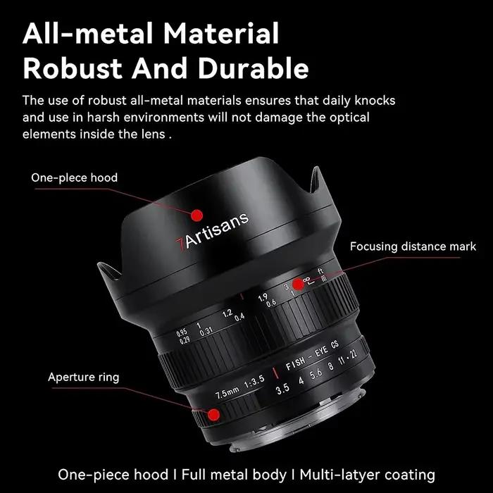 Objectif Fisheye 7artisans APS-C 7.5mm F3.5 pour appareil photo reflex numérique, photographie idéal