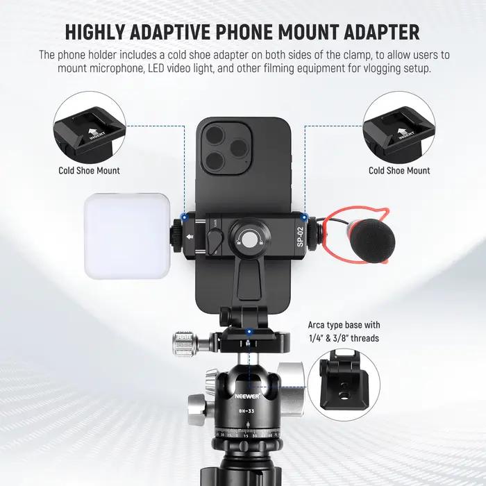NEEWER Adaptateur de montage sur trépied pour téléphone en métal avec base Arca QR, chaussure froide