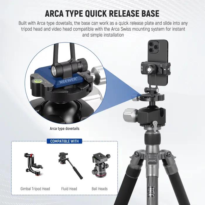 NEEWER Adaptateur de montage sur trépied pour téléphone en métal avec base Arca QR, chaussure froide