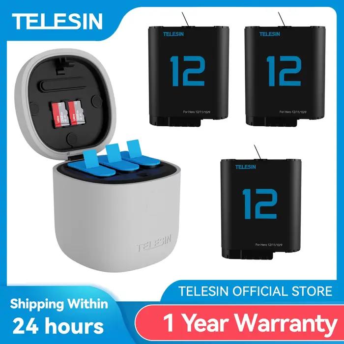 TELESIN – batterie 1750mAh pour GoPro Hero 9 10 11 12, 3 emplacements, boîtier de chargement étanche