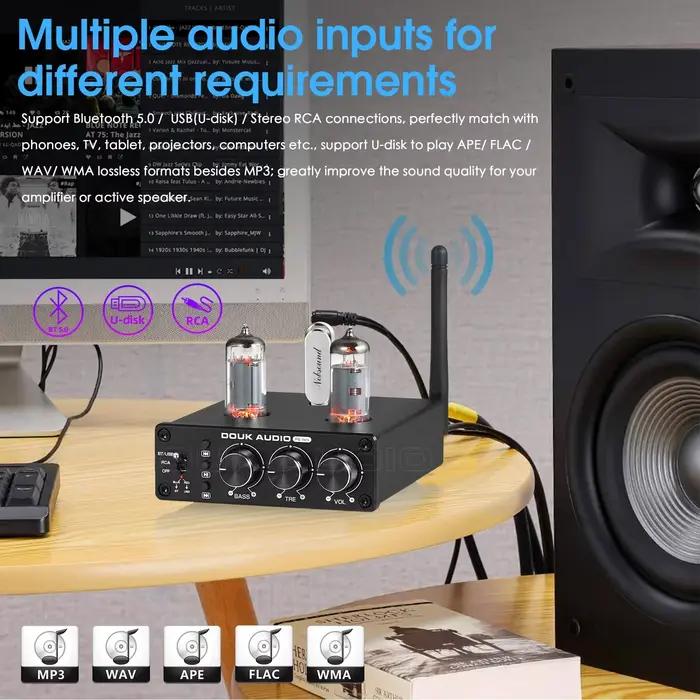 Douk Audio-Préampli à Tube à Valve HiFi Bluetooth 5.0, Récepteur Stéréo, Lecteur USB, Préamplificate