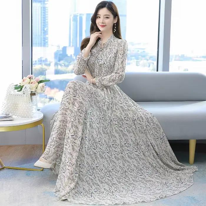 Robes pour femmes printemps-été 2026, nouvelle robe mi-longue en mousseline de soie à imprimé floral