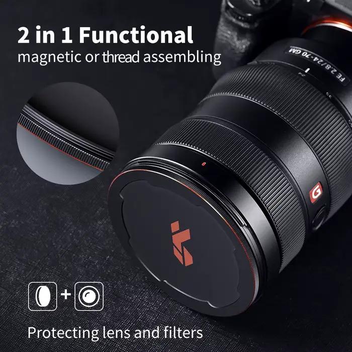 K&F CONCEPT 49/52/55/58/62/67/72/77/82mm Capuchons d'objectif magnétiques en métal 2-en-1 (fonctionn