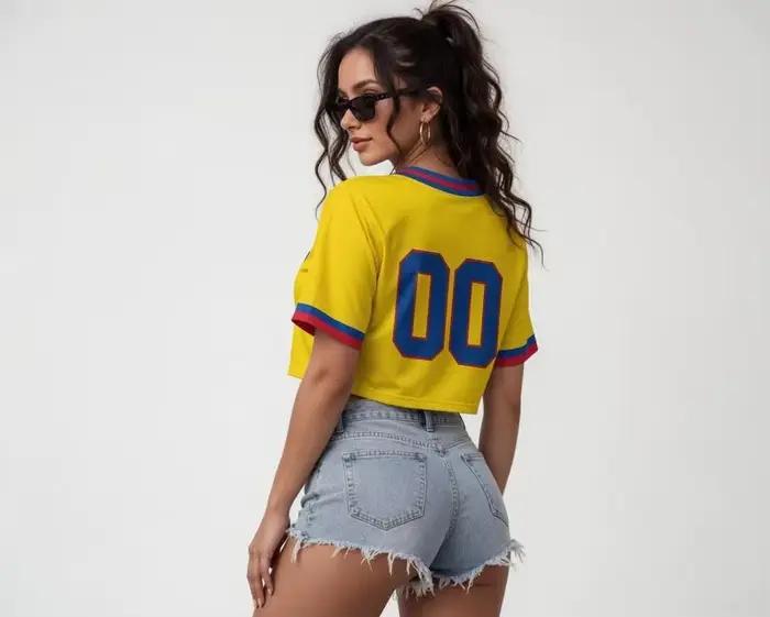 T-shirt de cheerleading imprimé football Colombie 2026 pour femme – Style danse mode estivale, haut court respirant et à séchage rapide pour le sport