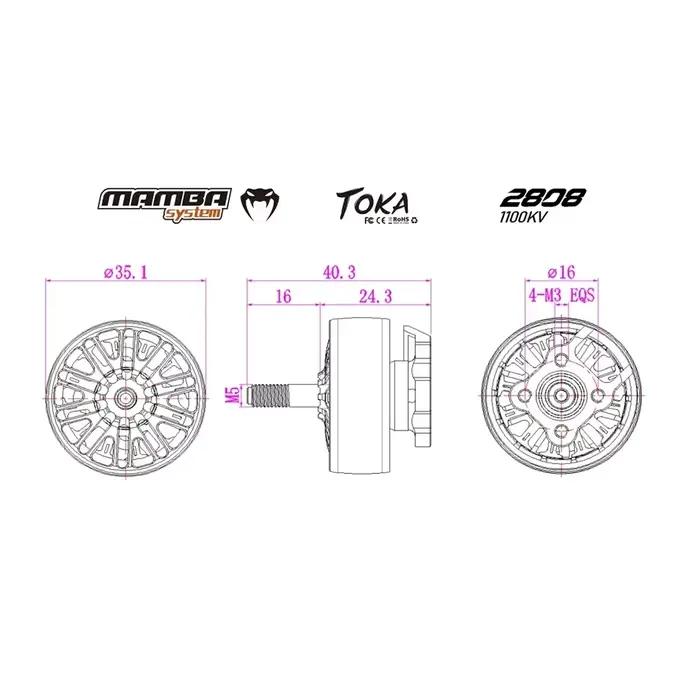 DIATONE MAMBA TOKA 2808 1100KV moteur sans balais avec arbre en alliage de titane de 6mm Compatible hélice de 7 pouces 4-6S pour Drone de course FPV