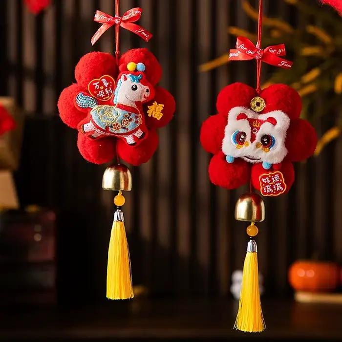 Pendentif du Nouvel An chinois 2026, année du cheval, avec pompon, parfait pour la décoration de porte