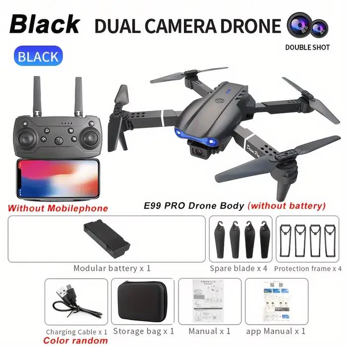 Drone jouet E99 PRO + Double caméra SD + 1 télécommande + 4 hélices + 2 manuels + Mode sans tête + Décollage à une touche