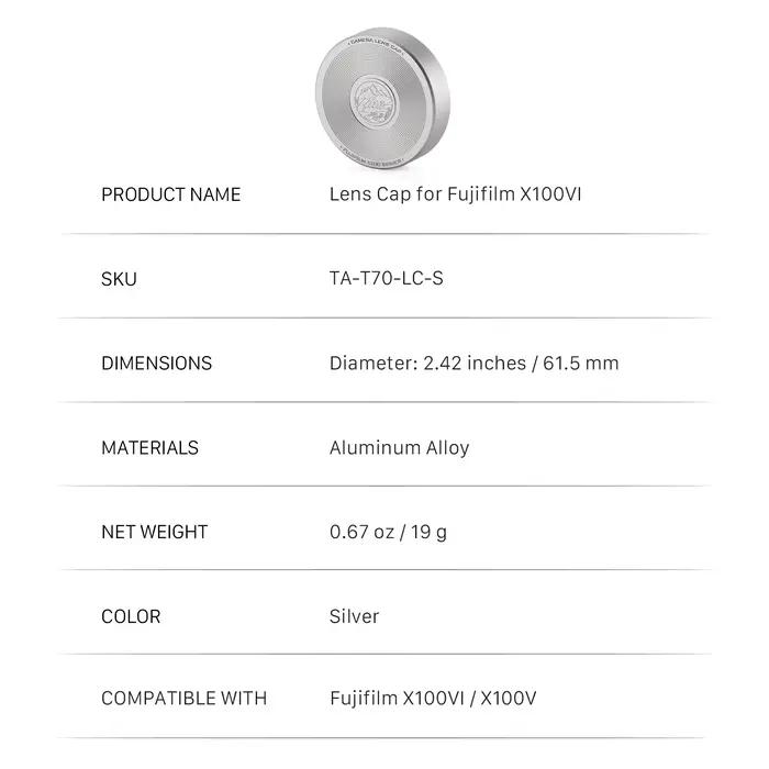 Capuchon d'objectif TILTA TA-T70-LC pour Fujifilm X100VI - Noir/Argent