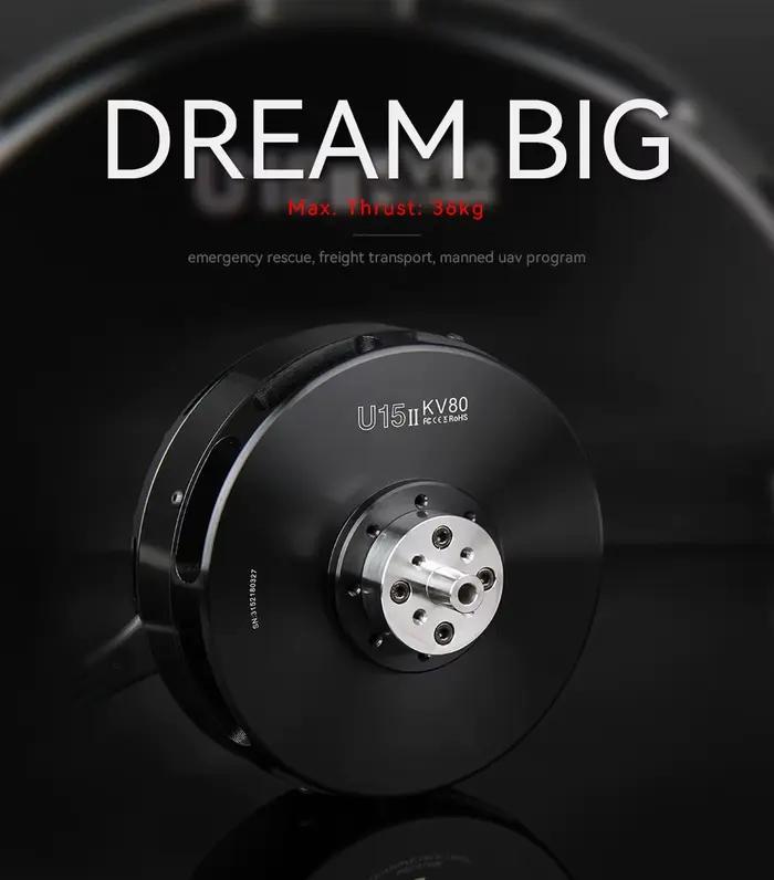 Moteur UAV T-MOTOR U15II KV80 KV100 avec une poussée maximale de 36 kg pour drones à charge lourde