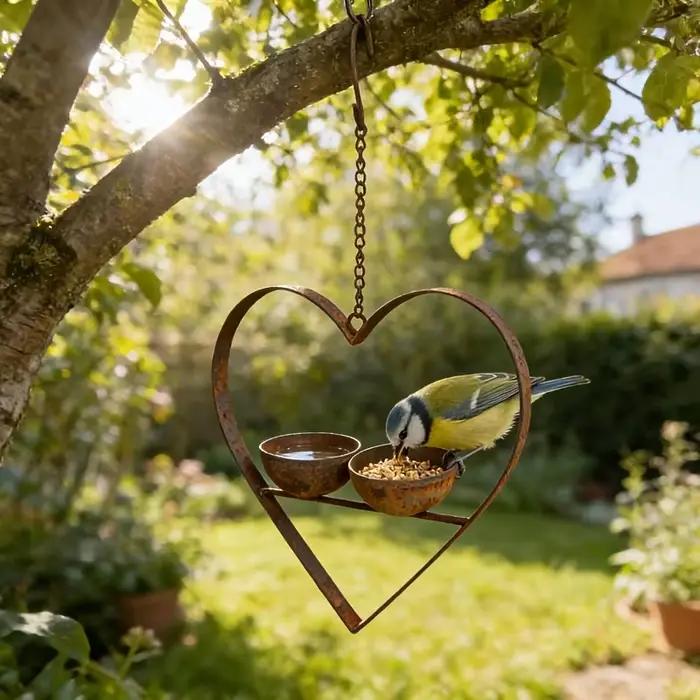 Cœur en métal rouillé avec deux bols pour l'eau et la nourriture, double bol, en forme de cœur, pour cour, arbre, vintage, extérieur