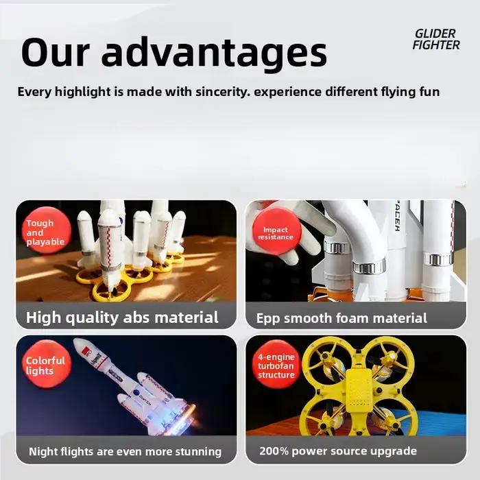 Mini drone RC fusée spatiale télécommandée 28 cm avec LED et effets de feu 360° ° Avion quadricoptère jouet pour enfants