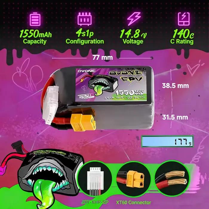 Batterie Ovonic Rebel 140C 4S 6S LiPo pour Drone FPV Whoop Capacité 1050 1300 1550 2200mAh Autonomie Durée Vol Robuste Métal