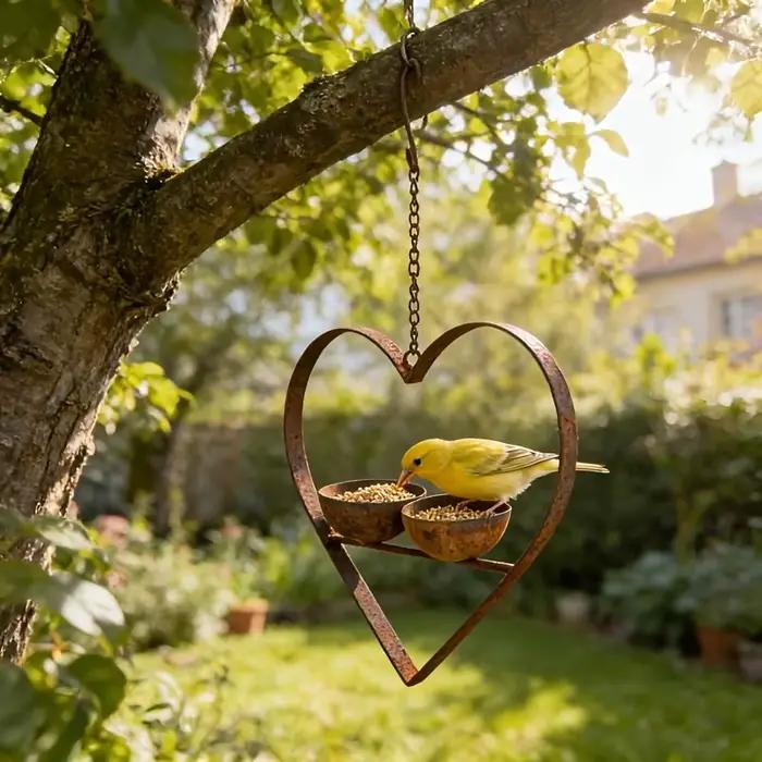 Cœur en métal rouillé avec deux bols pour l'eau et la nourriture, double bol, en forme de cœur, pour cour, arbre, vintage, extérieur
