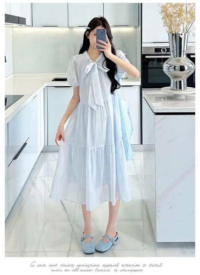 Robe de grossesse longue et ample en mousseline de soie, couleur unie, manches bouffantes, col rond, collection été 2026