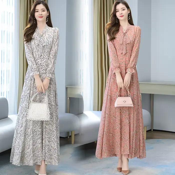 Robes pour femmes printemps-été 2026, nouvelle robe mi-longue en mousseline de soie à imprimé floral, manches longues, robe de plage bohème, vestidos pour femmes