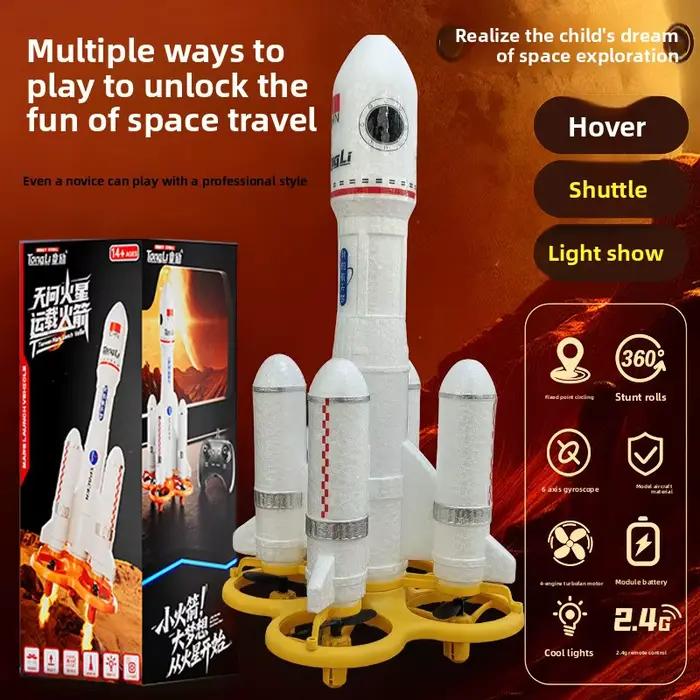 Mini drone RC fusée spatiale télécommandée 28 cm avec LED et effets de feu 360° ° Avion quadricoptère jouet pour enfants