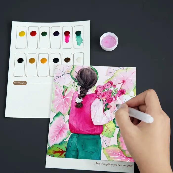 Livre de peinture créative à l'aquarelle avec 12 couleurs de pigments, pages à colorier DIY pour débutants