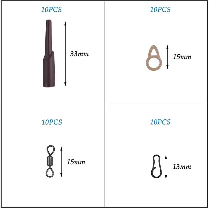 Kit d'accessoires pour la pêche à la carpe, avec anneaux, tube en caoutchouc, émerillons roulants, matériel terminal, 40 pièces