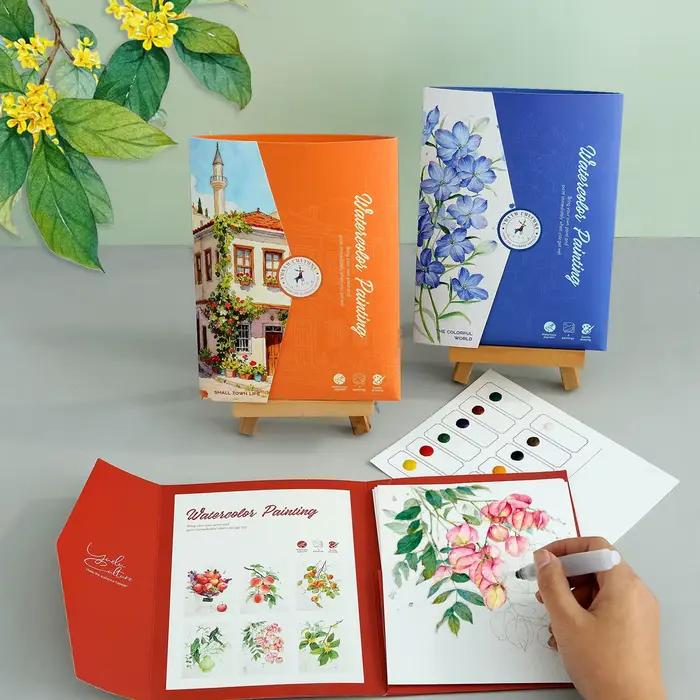 Livre de peinture créative à l'aquarelle avec 12 couleurs de pigments, pages à colorier DIY pour débutants