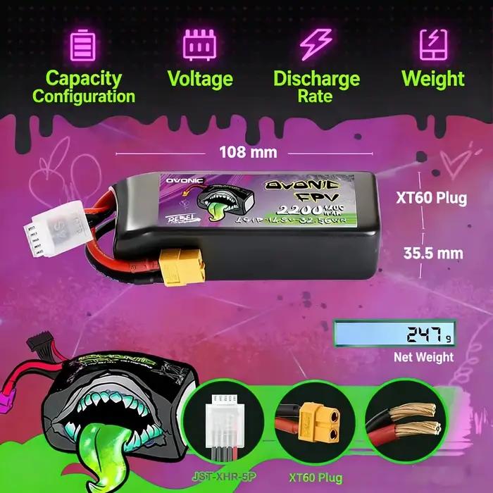 Batterie Ovonic Rebel 140C 4S 6S LiPo pour Drone FPV Whoop Capacité 1050 1300 1550 2200mAh Autonomie Durée Vol Robuste Métal