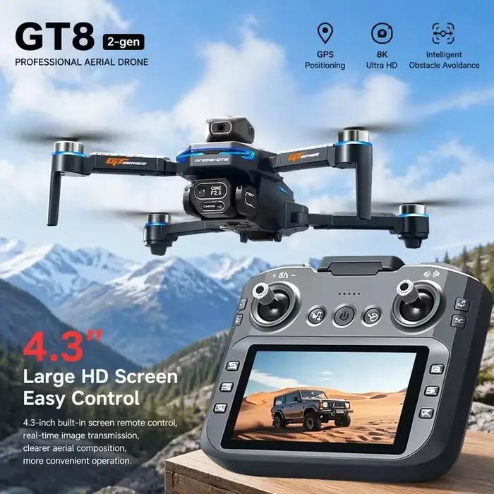 Drone GT8 avec écran HD de 4,3 pouces, télécommande, caméra HD 8K, évitement intelligent des obstacles, moteur sans balais, flux optique, quadricoptère FPV