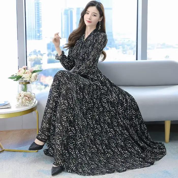 Robes pour femmes printemps-été 2026, nouvelle robe mi-longue en mousseline de soie à imprimé floral, manches longues, robe de plage bohème, vestidos pour femmes