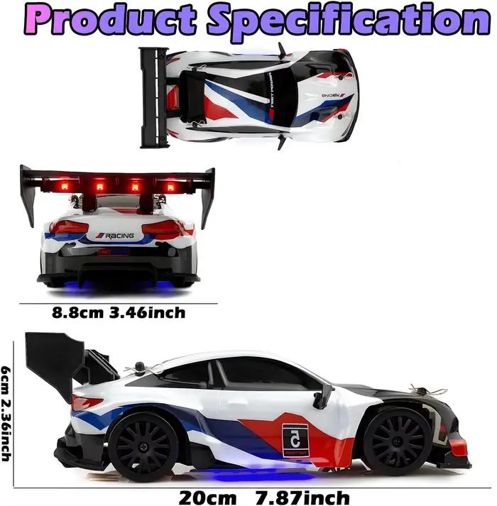 Voiture de drift RC 1:24, voiture de course haute vitesse 2.4G 30+KM/H avec lumières LED et pneus de drift, obstacles, cadeau de Noël pour garçons