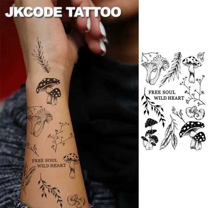 Tatouages temporaires à thème champignons de la forêt – Tatouages minimalistes aux herbes – Autocollants de tatouage style Ins – Motifs champignons, feuilles, branches et fleurs – Tatouages mignons, a