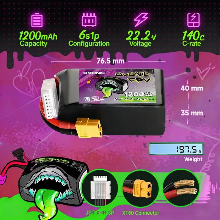 Batterie Lipo Ovonic Rebel 1200Ah 6S 140C 22.2V avec prise XT60 pour drone quadricoptère FPV Whoop