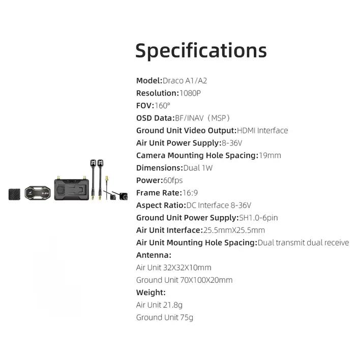 HGLRC Draco A1/A2 5.8Ghz HD VTX 1W Unité aérienne