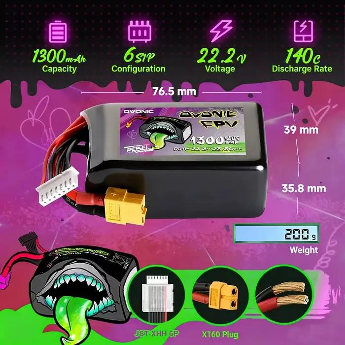 Batterie Ovonic Rebel 140C 4S 6S LiPo pour Drone FPV Whoop Capacité 1050 1300 1550 2200mAh Autonomie Durée Vol Robuste Métal