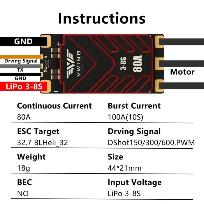 Contrôleur de vitesse brushless Vwing 80A 3-8s Blheli_32 ESC