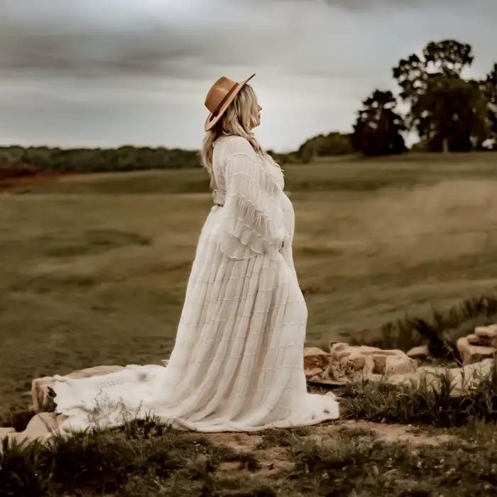 Robe de grossesse bohème pour séance Photo, à volants, manches longues, plissée, pour séance Photo, pour femmes